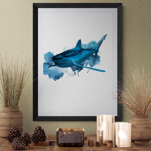 Bull Shark - Art Print, nautisch thema, kinderkamer interieur, oceaan minimalistisch design, moderne kinderslaapkamer, aquarelstijl