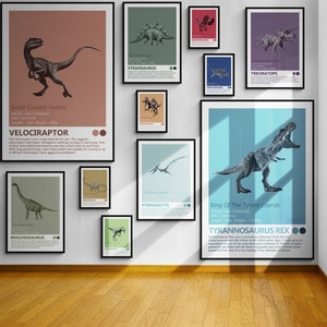Dinosaurs Gallery Wall Pack - Set Of 11 Art Prints, Assorted Sizes - 2x A3 / 4x A4 / 5x 5"x7", Dino Gift, Tyrannosaurus Rex, Velociraptor