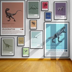 Dinosaurs Gallery Wall Pack - Set Of 11 Art Prints, Assorted Sizes - 2x A3 / 4x A4 / 5x 5&quot;x7&quot;, Dino Gift, Tyrannosaurus Rex, Velociraptor