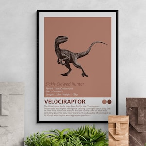Velociraptor - Dinosaur Fact Sheet Art Print, Jurassic Kids Room Home Decor, Raptor Dino minimalistisch design, moderne kinderslaapkamer