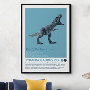 Tyrannosaurus Rex - Dinosaur Fact Sheet Art Print, Jurassic Kids Room Home Decor, T-Rex Dino minimalistisch design, moderne kinderkamer
