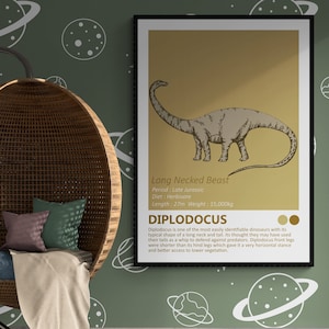Diplodocus - Dinosaur Fact Sheet Art Print, Jurassic Kids Room Home Decor, Little Foot Dino minimalistisch design, moderne kinderslaapkamer