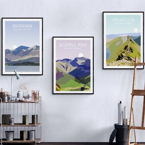 The Lake District Big Three - Set Of 3 Art Prints - Scafell Pike, Helvellyn, Skiddaw, Landscape Art, Travel Poster, Hiking Mountain Gift