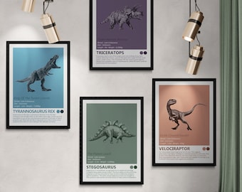 Dinosaurs - Set Of 4 Art Prints - Tyrannosaurus Rex, Velociraptor, Stegosaurus, Triceratops, Dino Facts, Kids Bedroom Decor, Childrens Room