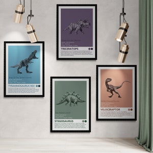 Dinosaurs - Set Of 4 Art Prints - Tyrannosaurus Rex, Velociraptor, Stegosaurus, Triceratops, Dino Facts, Kids Bedroom Decor, Childrens Room