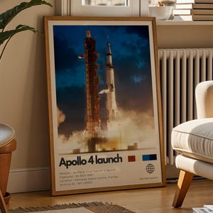 May include: A rectangular framed poster featuring a photograph of the Apollo 4 launch with a dark blue sky, a rocket, and smoke. The text at the bottom reads Apollo 4 launch, along with mission details, two small colored rectangles, and a globe icon.