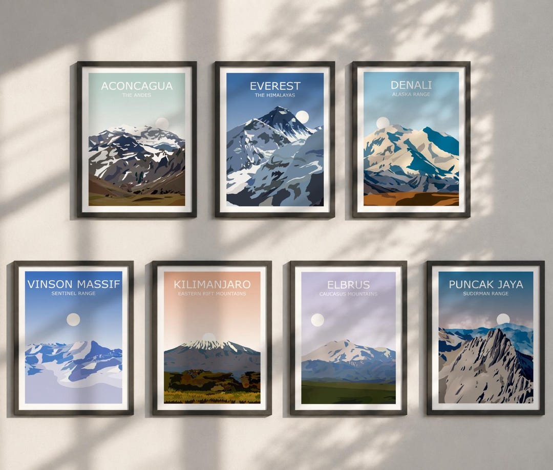The Seven Summits Set of 7 Art Prints - Everest, Aconcagua, Denali