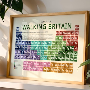 Peut inclure: Une affiche encadrée intitulée "Elements of Walking Britain" avec un design de tableau périodique. L'affiche présente des carrés colorés représentant des itinéraires de randonnée célèbres en Grande-Bretagne, avec du texte en vert et blanc. Le cadre est en bois clair.