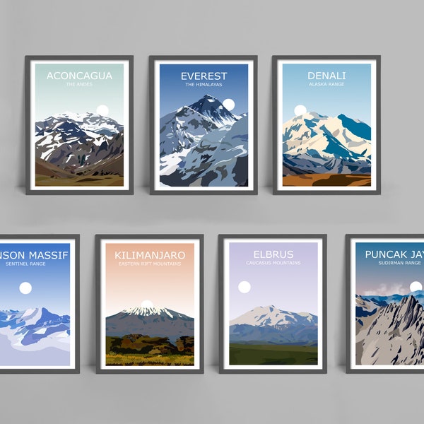 The Seven Summits Set Of 7 Art Prints -  Everest, Aconcagua, Denali, Kilimanjaro, Elbrus, Vinson Massif, Puncak Jaya,Landscape Travel Poster