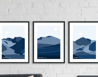 Three Peaks Set Of 3 Art Prints - Ben Nevis, Scafell Pike, Snowdon, Minimalist Landscape Art, The Three Peaks Challenge, Home Decor Design