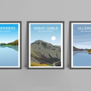 Lot de 3 impressions d&#39;art The Lake District - Windermere, Great Gable, Ullswater, art du paysage, parc national, affiche de voyage, idée cadeau de randonnée sur les lacs