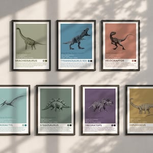 Op de afbeelding: Een set van zeven ingelijste wandposters met illustraties van dinosaurussen, waaronder de Brachiosaurus, Tyrannosaurus Rex, Velociraptor, Pterodactyl, Stegosaurus, Triceratops en Diplodocus, elk voorzien van beschrijvende tekst en gekleurde achtergronden.