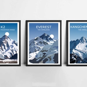 The Big Three - Set Of 3 Art Prints - Everest, K2, Kangchenjunga Landscape Art, Worlds Three Highest Peaks, Travel Poster, Climbing, Nepal