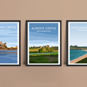 Northumberland Castles - Set Of 3 Art Prints, Bamburgh, Alnwick, Dunstanburgh, Coastline Landscape, North East England, Minimalist Design