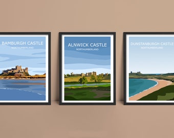 Northumberland Castles - Set Of 3 Art Prints, Bamburgh, Alnwick, Dunstanburgh, Coastline Landscape, North East England, Minimalist Design