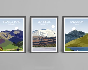 Three Peaks Set Of 3 Art Prints - Ben Nevis, Scafell Pike, Snowdon , Blue Version, Landscape Art, Three Peaks Challenge, Walking Gift Idea