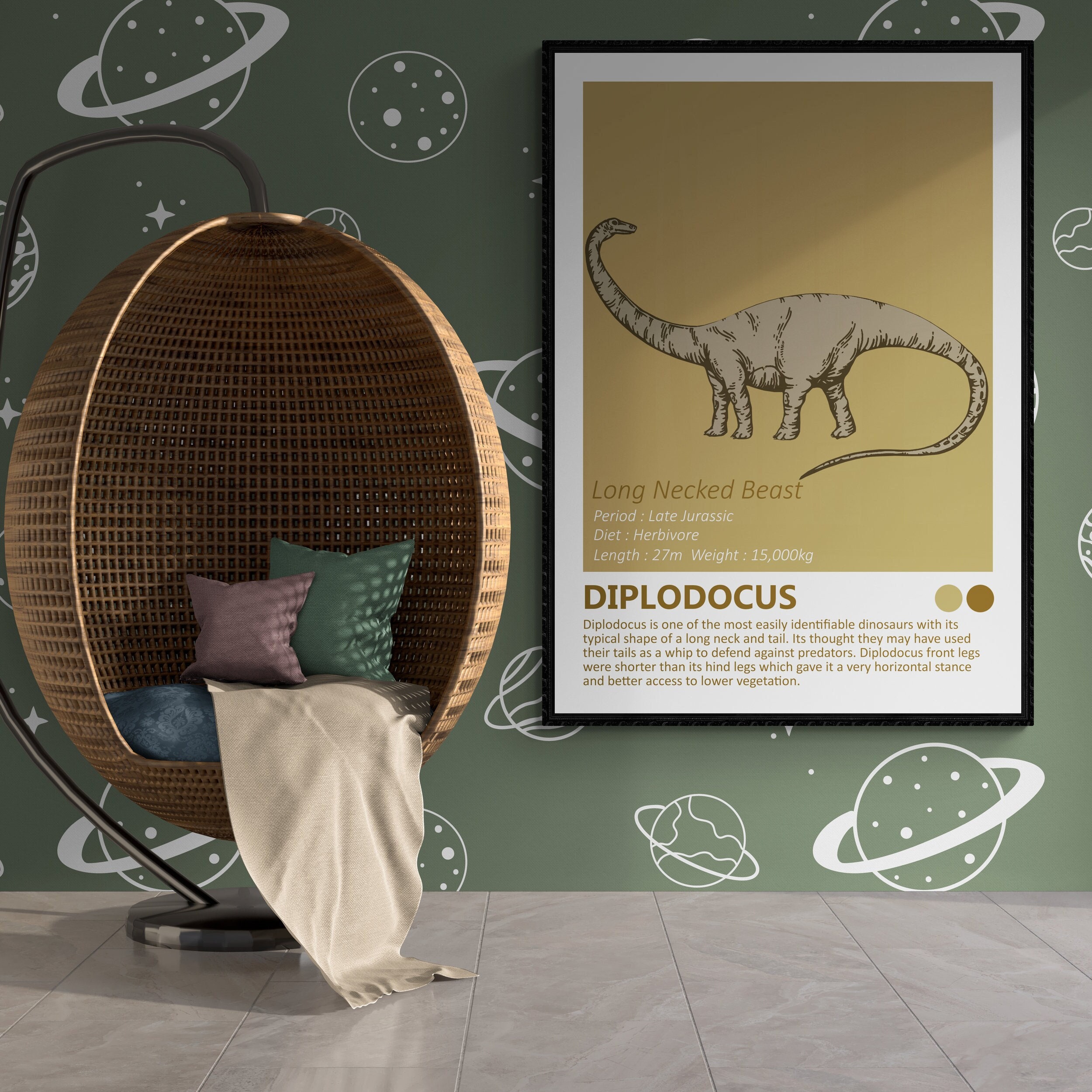 Diplodocus - Dinosaur Fact Sheet Art Print, Jurassic Kids Room Home Decor, Little Foot Dino Minimalist Design, Modern Children's Bedroom