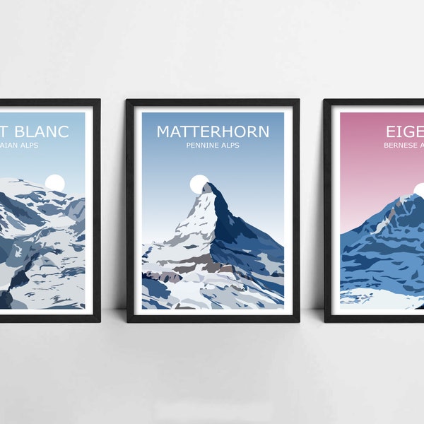 The Alpine Big Three - 3er Set Kunstdrucke - Mont Blanc, Matterhorn, Eiger, Landschaftskunst, Alpen Drei Zinnen Challenge, Travel Poster, Wandern