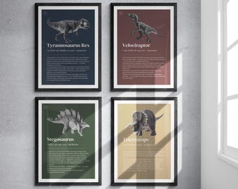 Op de afbeelding: Vier ingelijste dinosaurusprints. Elke print bevat een gedetailleerde illustratie van een andere dinosaurus: Tyrannosaurus Rex, Velociraptor, Stegosaurus en Triceratops. Elke print bevat de naam van de dinosaurus en extra tekst. De lijsten zijn zwart.