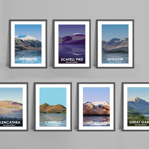 Lake District Peaks - Set med 7 konsttryck | Scafell Pike | Helvellyn | Skiddaw | Blencathra | Great Gable | Catbells | Coniston Old Man
