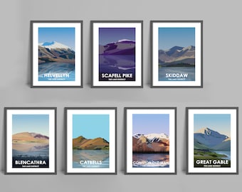 Lake Distrikt Peaks 7er Set Kunstdrucke | Scafell Hecht | Hellelyn | Skifahrer | Blencathra | Toller Giebel | Katzenglocken | Coniston Alter Mann