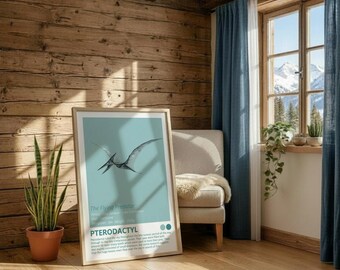 Pterodactyl - Dinosaur Fact Sheet Art Print, Jurassic Kids Room Home Decor, Winged Flying Dino Minimalist Design, Modern Children's Bedroom