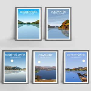 The Lake District Set Of 5 Art Prints - Windermere, Ullswater, Coniston Water, Derwentwater, Grasmere, Landscape Art,Travel Poster,The Lakes