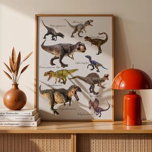 Op de afbeelding: Een ingelijste poster met illustraties van verschillende dinosaurussen, waaronder een Tyrannosaurus Rex, Velociraptor en Spinosaurus, elk gelabeld met de naam. De print toont gedetailleerde afbeeldingen van prehistorische wezens in aardetinten.