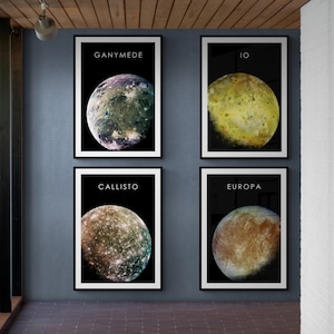 Lune di Giove - Stampe d'arte Set di 4, Decorazioni per la casa a tema spaziale, Design minimalista, L'Universo Galassia, Moderno Sistema Solare Cosmico Celeste