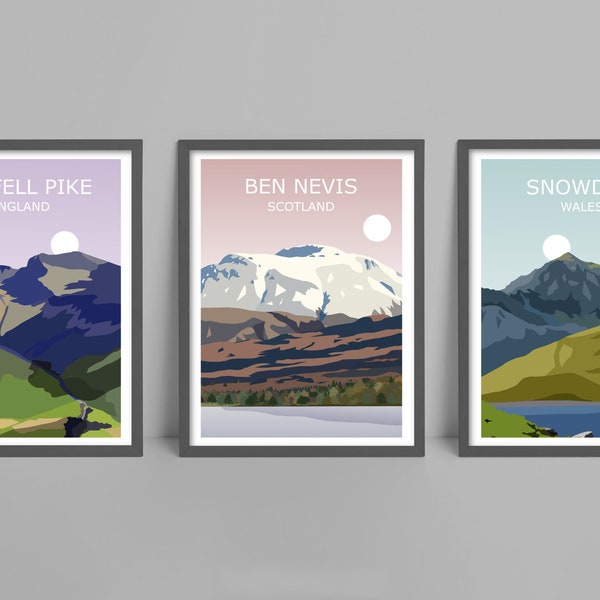 Three Peaks Challenge Set Of 3 Art Prints - Ben Nevis, Scafell Pike, Snowdon ,Landscape Art, Travel Poster, Hiking Gift, New House Present