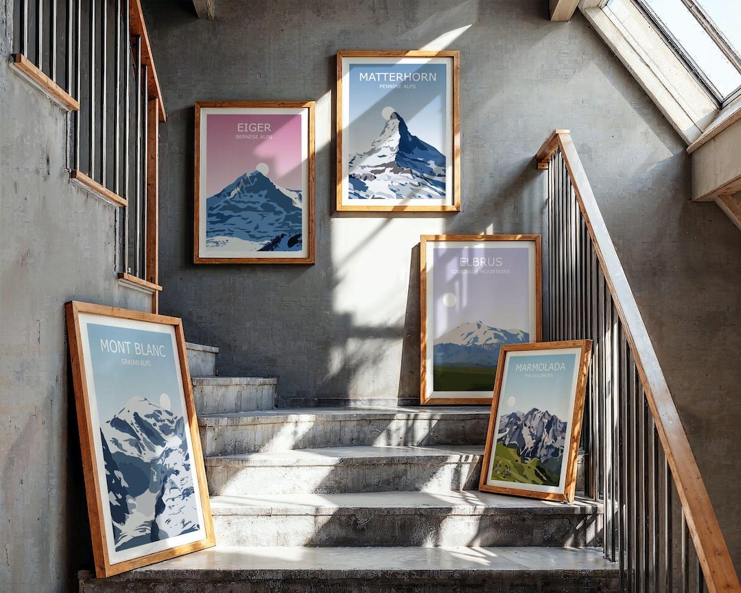 European Peaks - Set of 5 Mountain Landscape Art Prints - Mont