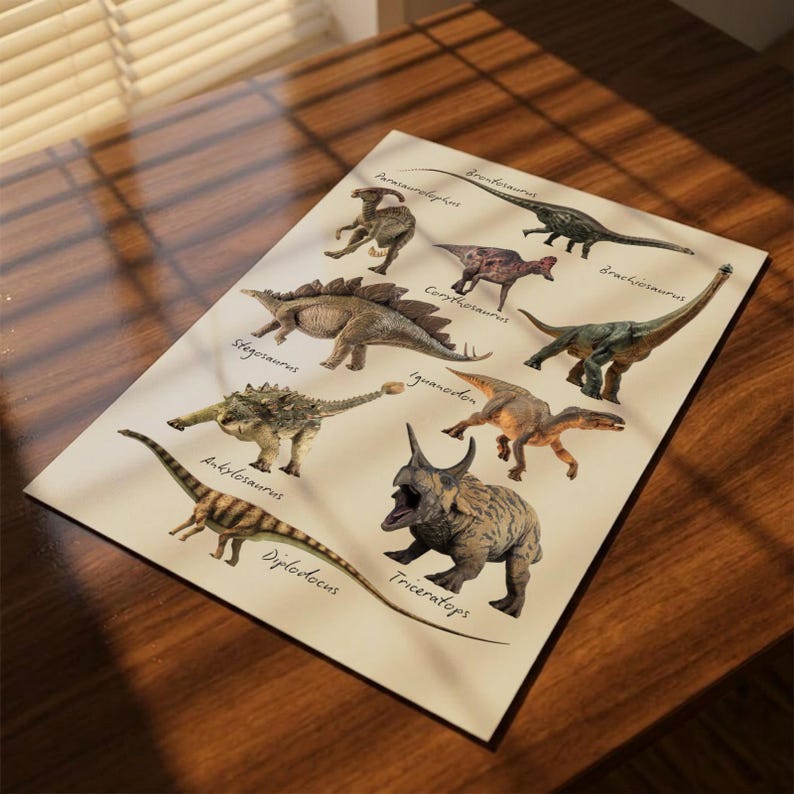 Op de afbeelding: Een rechthoekige poster met illustraties van acht dinosaurussen, waarbij de namen in cursief schrift zijn gedrukt: Parasaurolophus, Brontosaurus, Corythosaurus, Brachiosaurus, Stegosaurus, Iguanodon, Ankylosaurus, Diplodocus en Triceratops.
