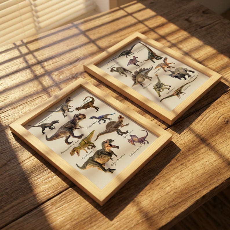 Op de afbeelding: Twee rechthoekige lijsten van licht hout met educatieve dinosaurusprints. De prints tonen diverse ge&iuml;llustreerde dinosaurussen met hun namen in cursief schrift, waaronder Tyrannosaurus Rex, Triceratops en Stegosaurus.