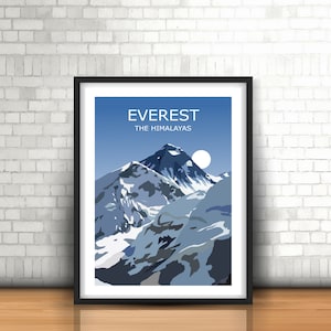 May include: A framed poster with a blue sky background and a stylized illustration of Mount Everest, with the text "EVEREST THE HIMALAYAS" at the top.