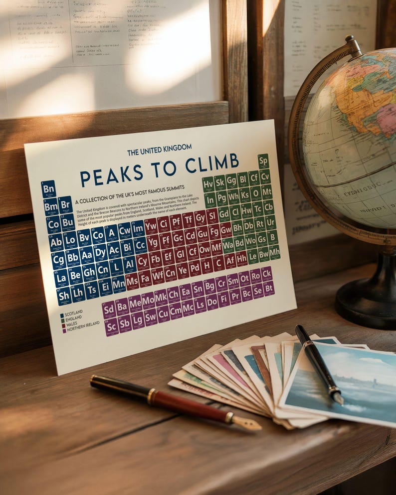May include: A print titled "Peaks to Climb" featuring a periodic table-style chart of UK mountain peaks. The print includes a globe, postcards, and two fountain pens. The color scheme includes blue, green, and purple.