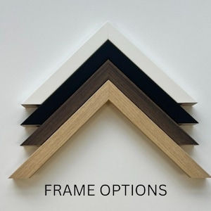 May include: A selection of picture frame options in various colors. The frames are arranged in a layered, angled composition, showcasing a range of colors including white, black, dark brown, and light brown. The text "FRAME OPTIONS" is displayed at the bottom.