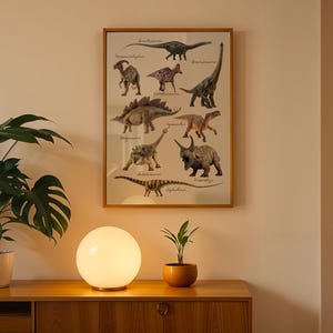 Op de afbeelding: Een rechthoekige wandprint in een dunne houten lijst met gedetailleerde illustraties van verschillende dinosaurussen, waaronder Brachiosaurus, Parasaurolophus, Corythosaurus, Stegosaurus, Iguanodon, Ankylosaurus, Triceratops en Diplodocus met bijschriften.