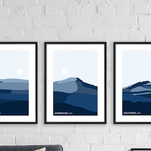 Yorkshire Three Peaks Challenge Set Of 3 Art Prints - Whernside, Ingleborough, Pen-Y-Ghent, Minimalist Landscape Art, Hiking Gift Home Decor