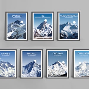 The Eight Thousanders- Set Of 14 Landscape Art Prints, The Fourteen Highest Peaks On Earth, Himalayas Mountains, Everest, K2, 8,000ers