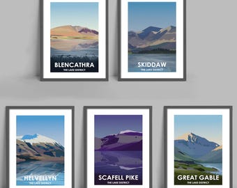 Lake Distrikt Peaks 5er Set Kunstdrucke | Scafell Hecht | Hellelyn | Skifahrer | Blencathra | Toller Giebel | Landschaft Kunst Reise Poster