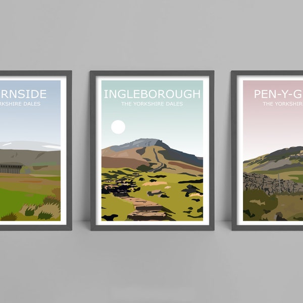 Yorkshire Three Peaks Set Of 3 Art Prints - Whernside, Ingleborough, Pen-Y-Ghent,Landscape Art, Three Peaks Challenge,Travel Poster,Hiking