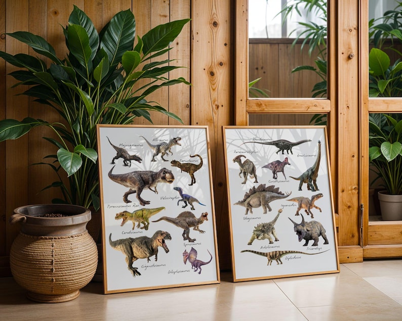 Dinosaurussen - set van 2 kunstafdrukken | Carnivoren en herbivoren | Tyrannosaurus Rex | Velociraptor | Stegosaurus | Triceratopen | Kinderkamer afbeelding 5