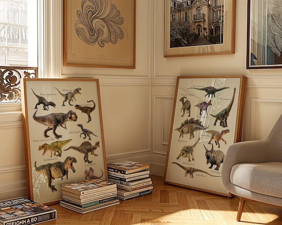 Dinosaurs - Set Of 2 Art Prints | Carnivores & Herbivores | Tyrannosaurus Rex | Velociraptor | Stegosaurus | Triceratops | Kids Bedroom