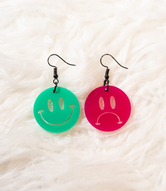 Pink Green Happy and Sad Mood statement earrings