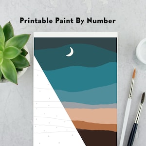 May include: Printable paint by number design featuring a crescent moon and a landscape with teal, brown, and orange colors.