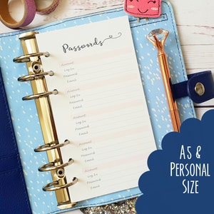 PRINTED Password Log A5 Personal wide Printed Planner Insert Filofax Kikkik ringbound create 365 HP organiser calendar