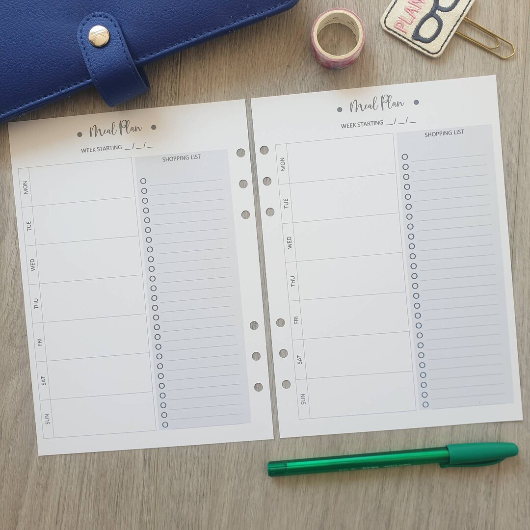 PRINTED Meal Plan Dinner Menu A5 Size Planner Insert Weekly Shopping ...