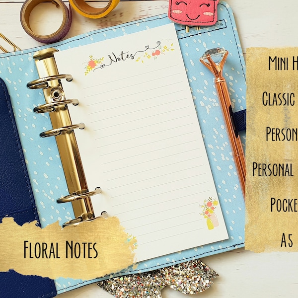 PRINTED Notes A5 Personal Planner Insert Filofax Kikkik ringbound organiser refill page calendar note pad to do to-do list log