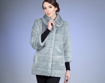 Women coat. Fur coat. Winter coat. Gift for her. Fake fur coat. Faux fur coat mink blue striped by ARTFUR