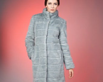 Women coat. Fur coat. Winter coat. Gift for her. Fake fur coat. Faux fur coat mink blue striped by ARTFUR